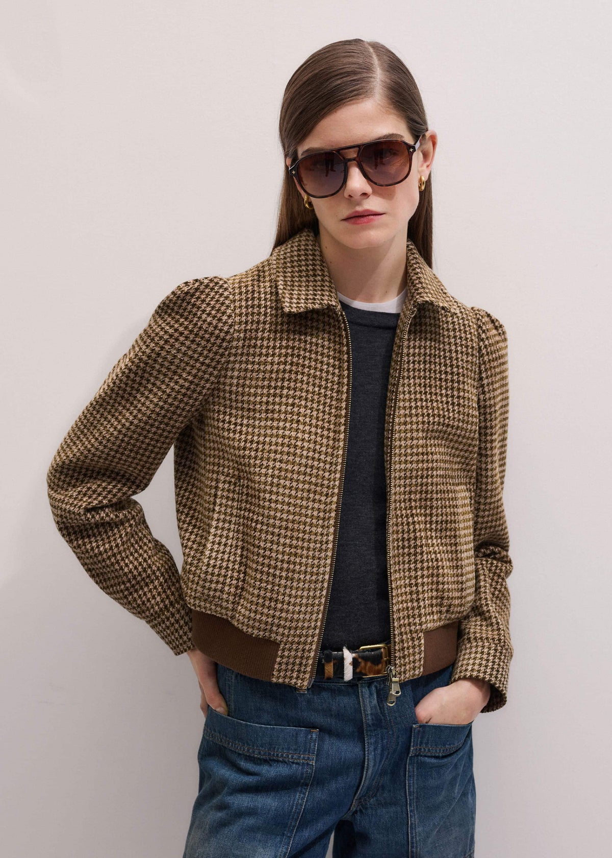 Brown Super Soft Houndstooth Bomber Jacket | ME+EM
