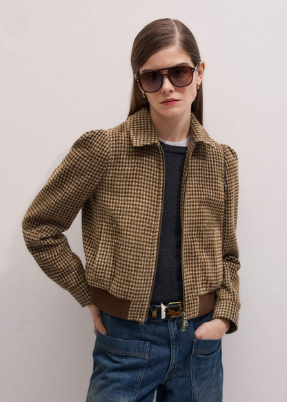 Brown Super Soft Houndstooth Bomber Jacket | ME+EM