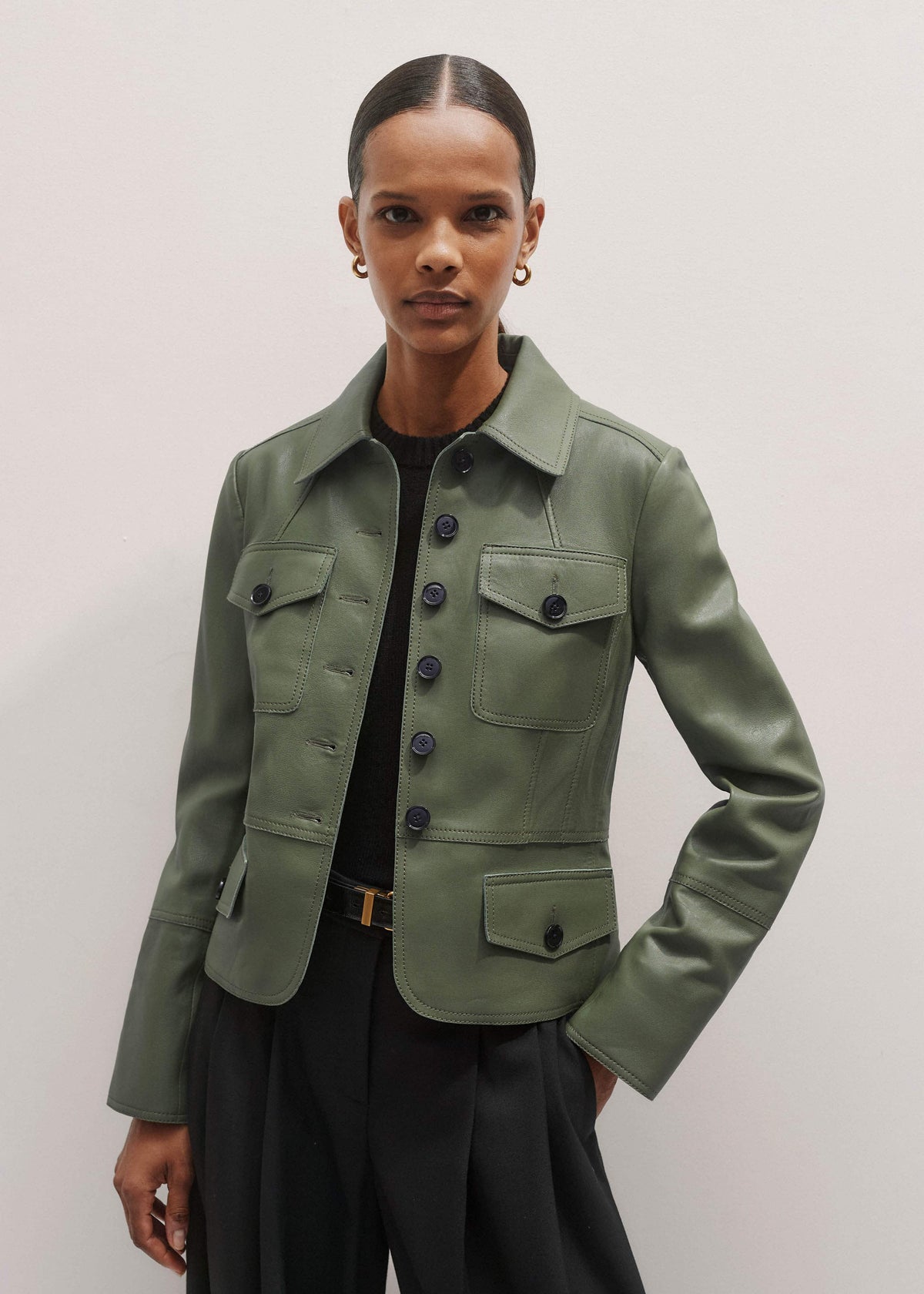 Green Washed Leather Fitted Utility Jacket | ME+EM