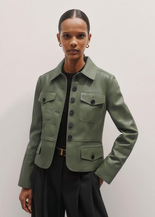 Green Washed Leather Fitted Utility Jacket | ME+EM