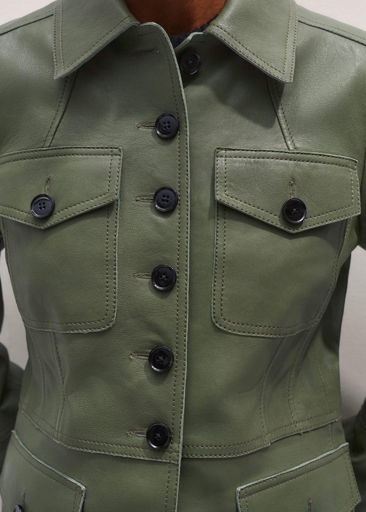 Green Washed Leather Fitted Utility Jacket | ME+EM