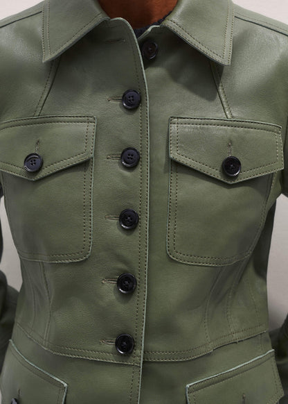 Green Washed Leather Fitted Utility Jacket | ME+EM