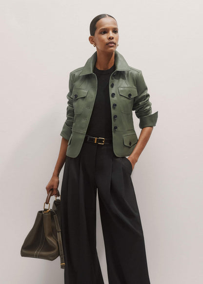 Green Washed Leather Fitted Utility Jacket | ME+EM