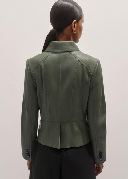 Green Washed Leather Fitted Utility Jacket | ME+EM