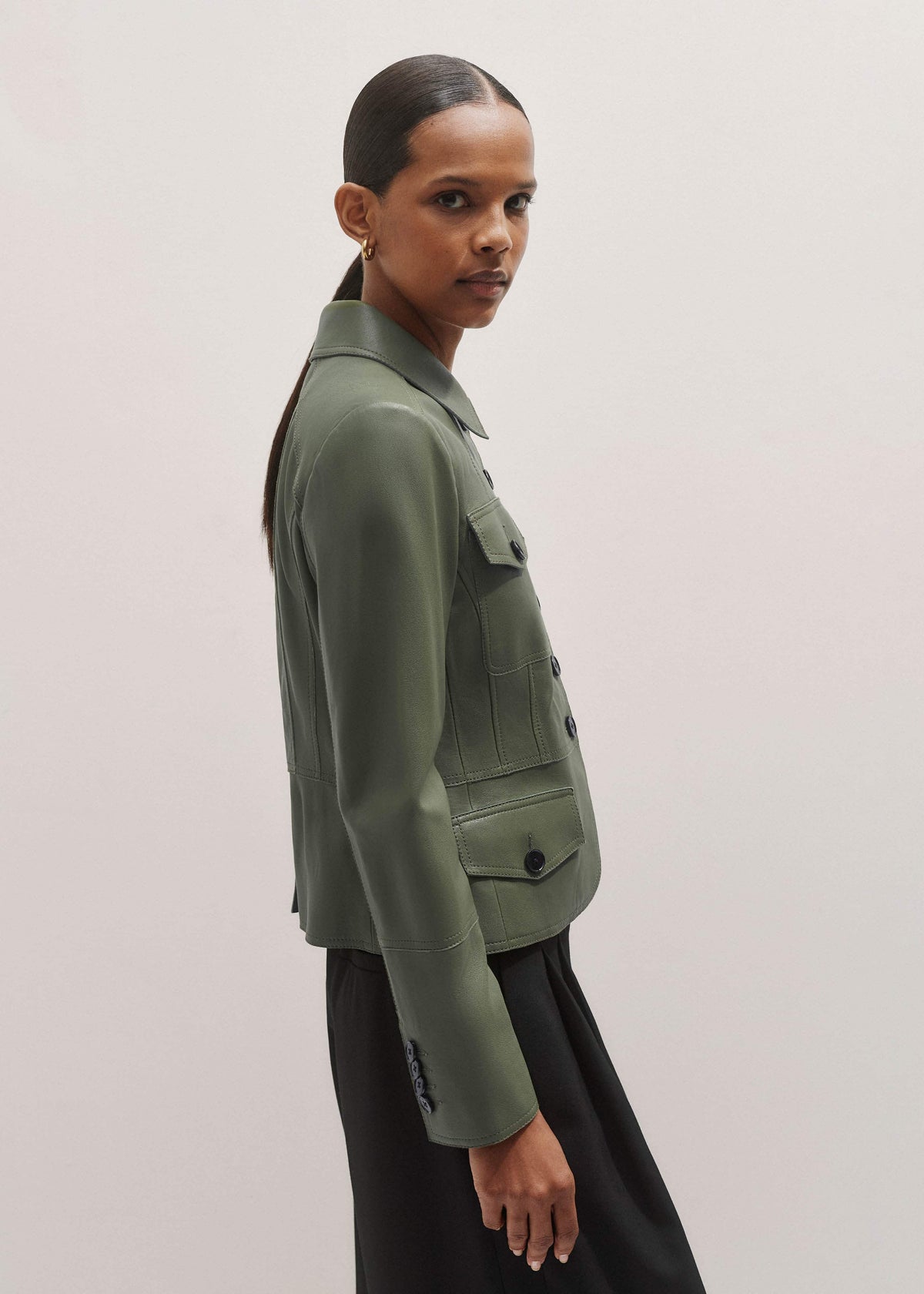 Green Washed Leather Fitted Utility Jacket | ME+EM