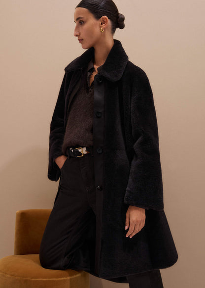 Brown Luxe Shearling Leather Mix Swing Coat | ME+EM