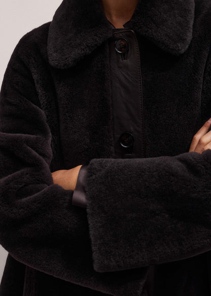 Brown Luxe Shearling Leather Mix Swing Coat | ME+EM