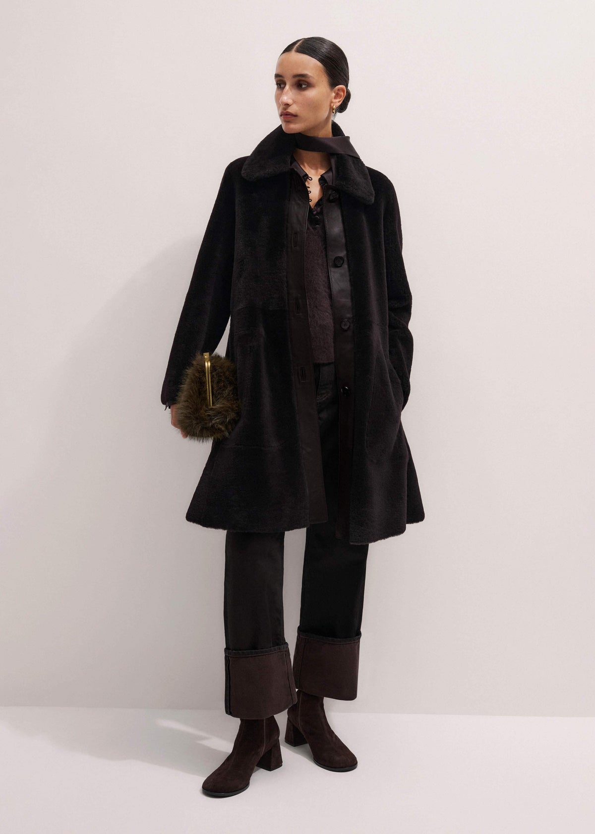 Brown Luxe Shearling Leather Mix Swing Coat | ME+EM
