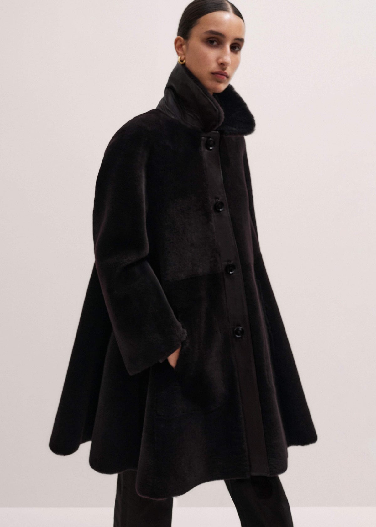 Brown Luxe Shearling Leather Mix Swing Coat | ME+EM