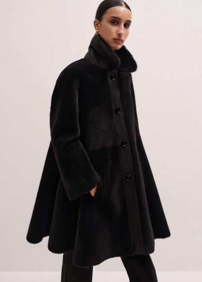 Brown Luxe Shearling Leather Mix Swing Coat | ME+EM
