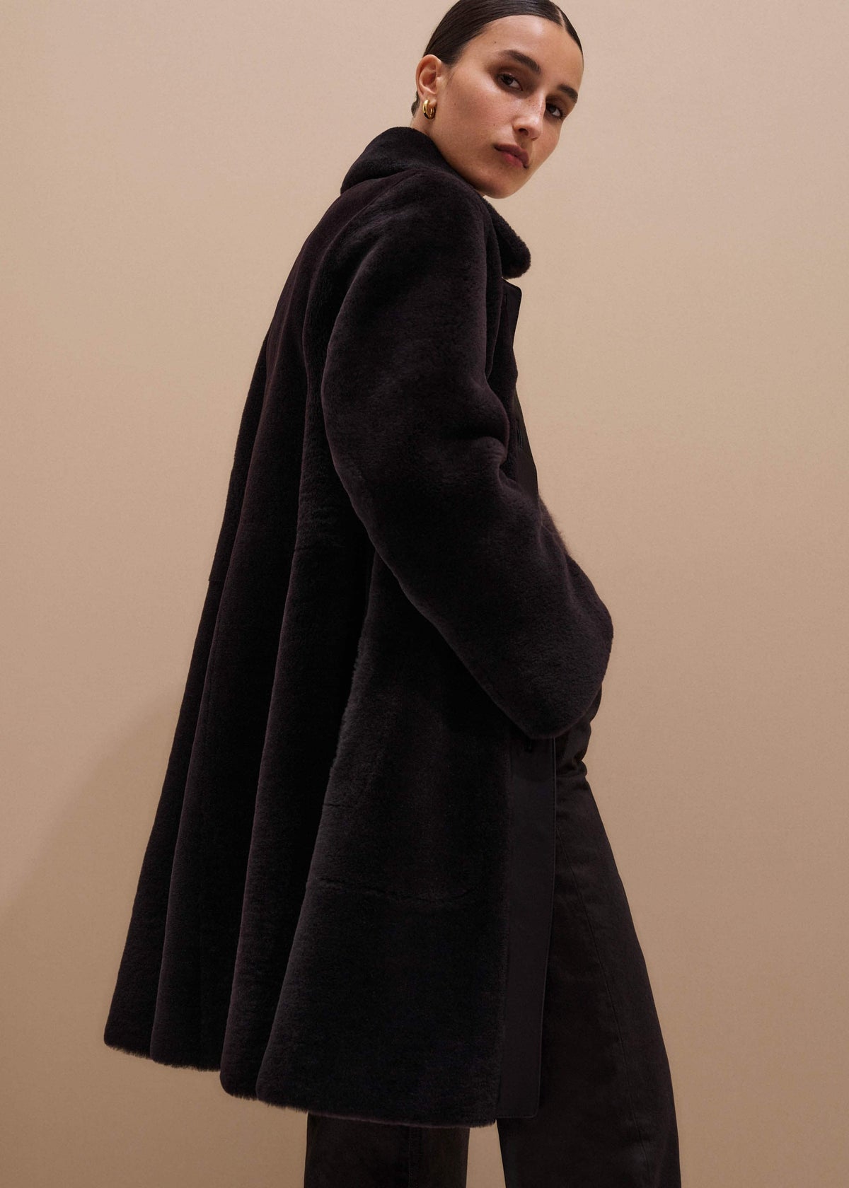 Brown Luxe Shearling Leather Mix Swing Coat | ME+EM