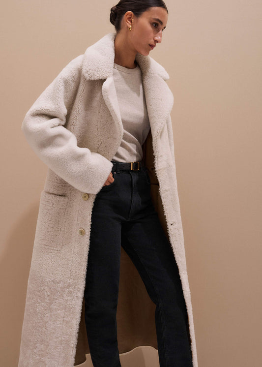 Cream Reversible Shearling Coat + Belt | ME+EM