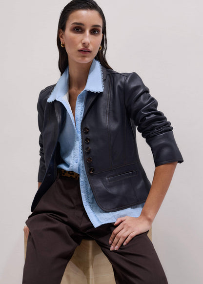 Navy Leather Luxe Short Fitted Blazer | ME+EM