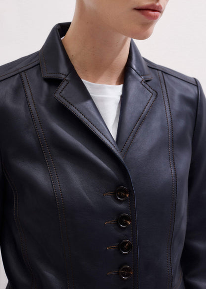 Navy Leather Luxe Short Fitted Blazer | ME+EM