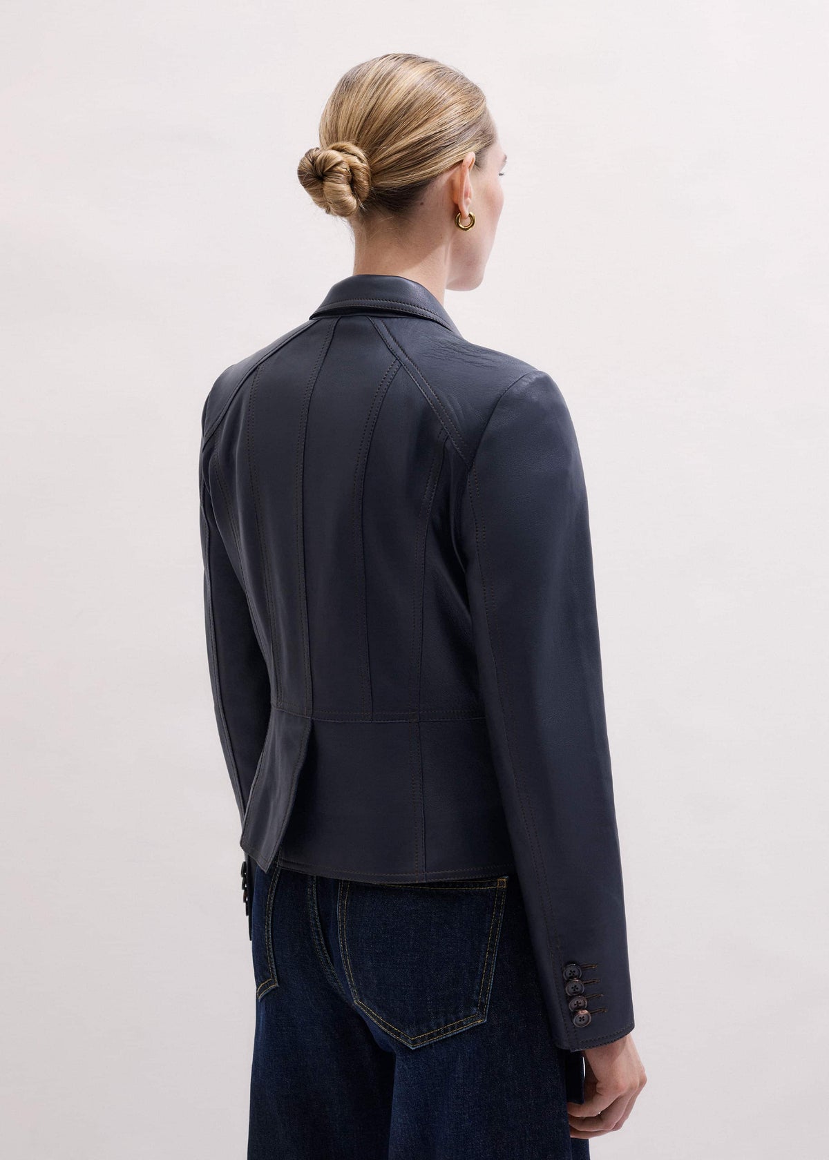 Navy Leather Luxe Short Fitted Blazer | ME+EM