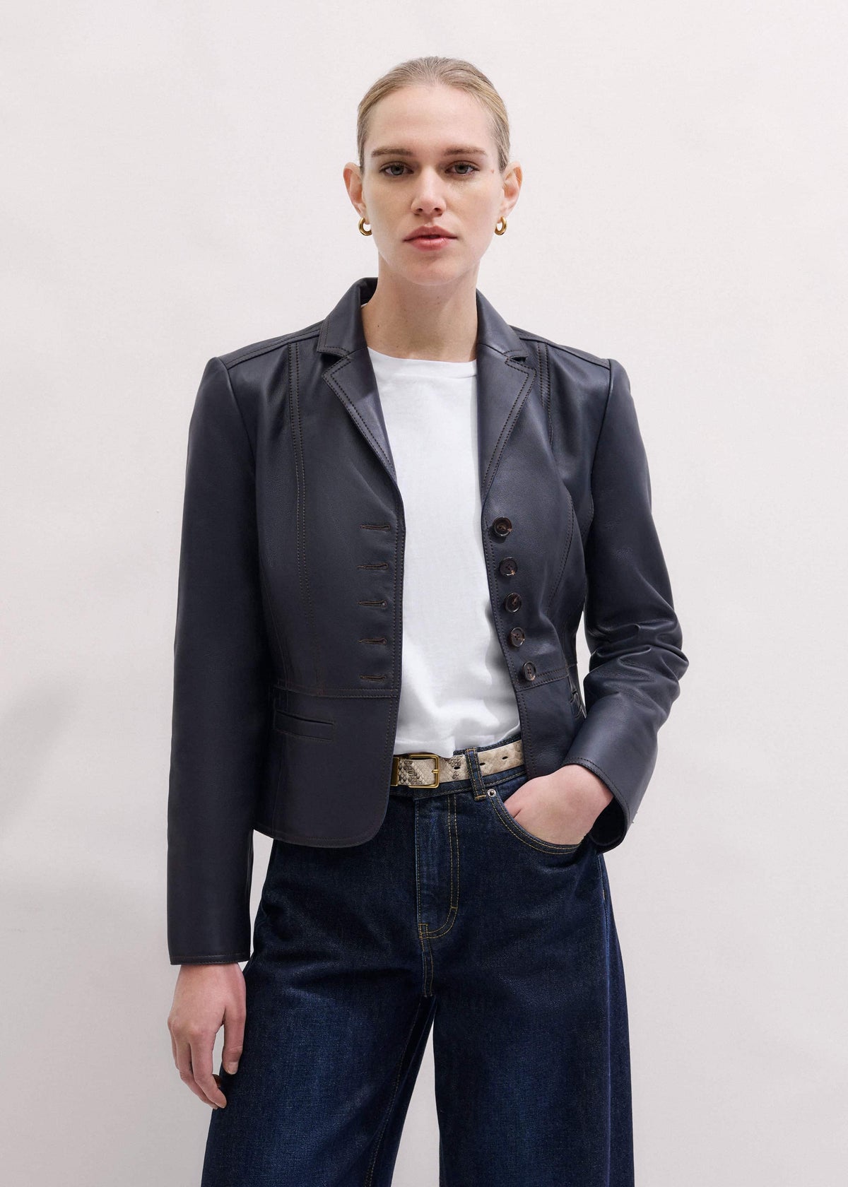 Navy Leather Luxe Short Fitted Blazer | ME+EM