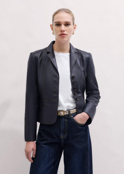 Navy Leather Luxe Short Fitted Blazer | ME+EM