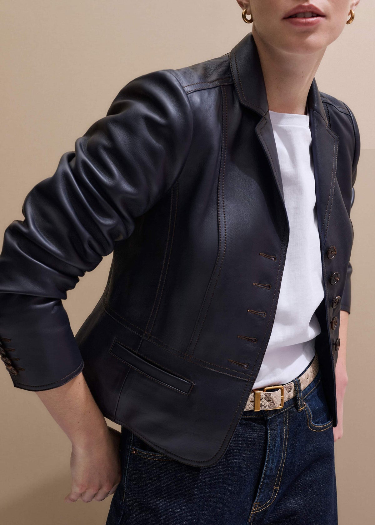 Navy Leather Luxe Short Fitted Blazer | ME+EM