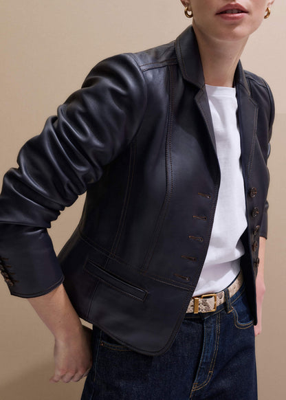 Navy Leather Luxe Short Fitted Blazer | ME+EM