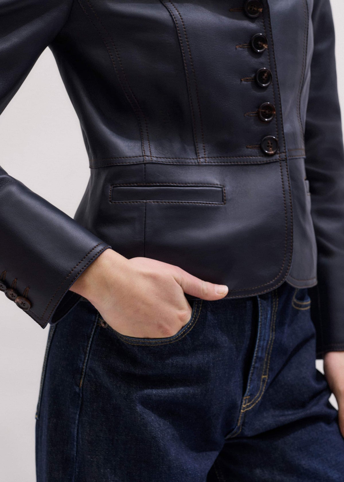 Navy Leather Luxe Short Fitted Blazer | ME+EM