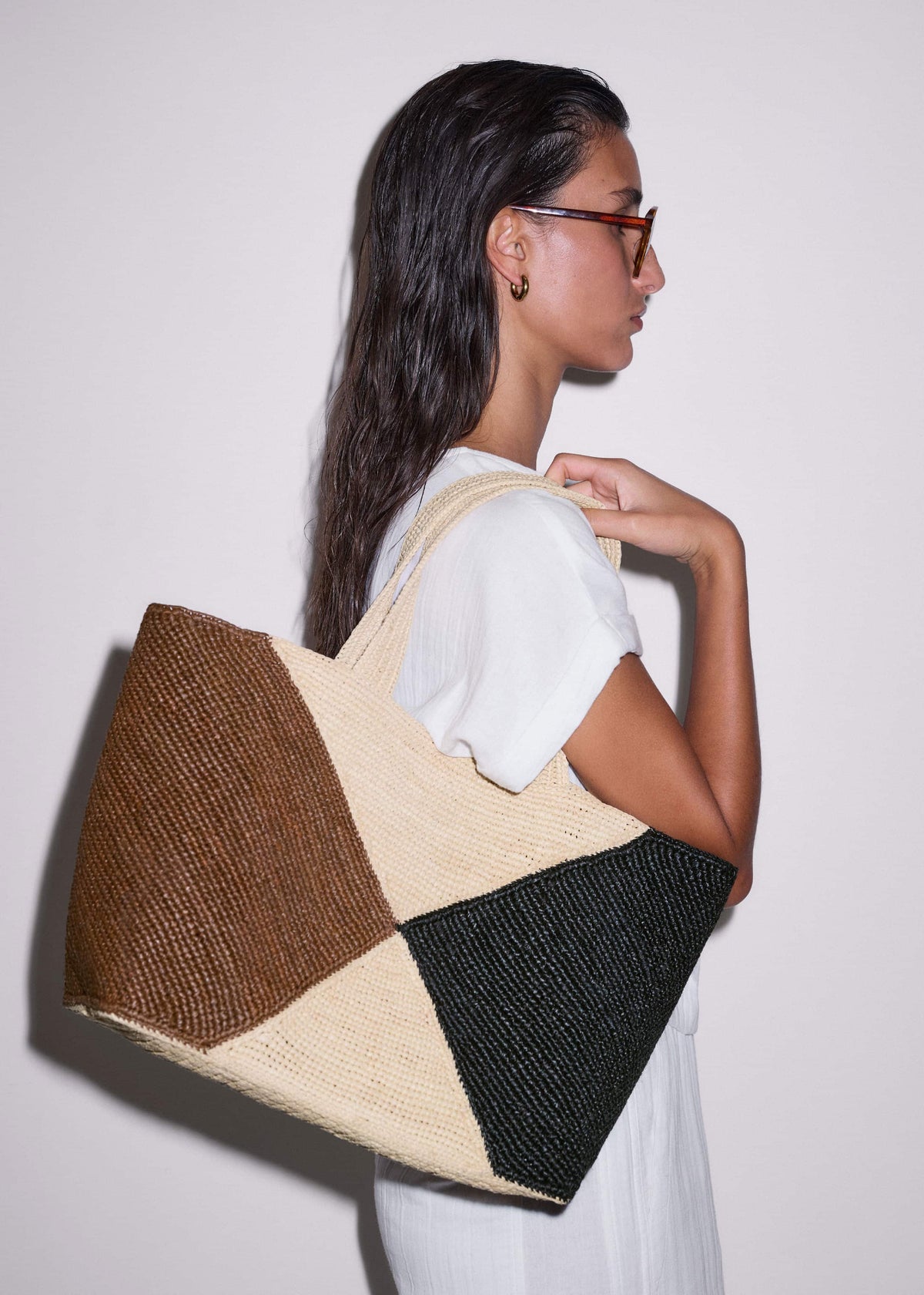 Brown Contrast Raffia Tote Bag | ME+EM