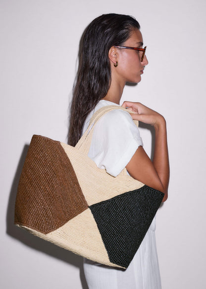 Brown Contrast Raffia Tote Bag | ME+EM