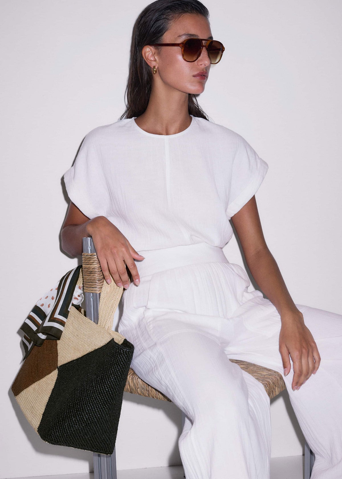 Brown Contrast Raffia Tote Bag | ME+EM