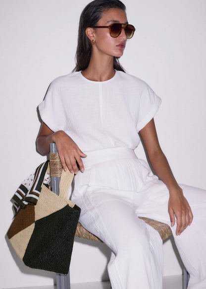 Brown Contrast Raffia Tote Bag | ME+EM
