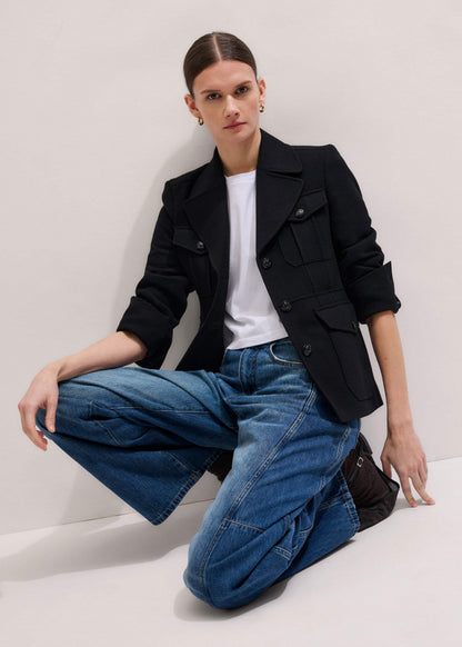 Black Longline Fitted Military Jacket | ME+EM