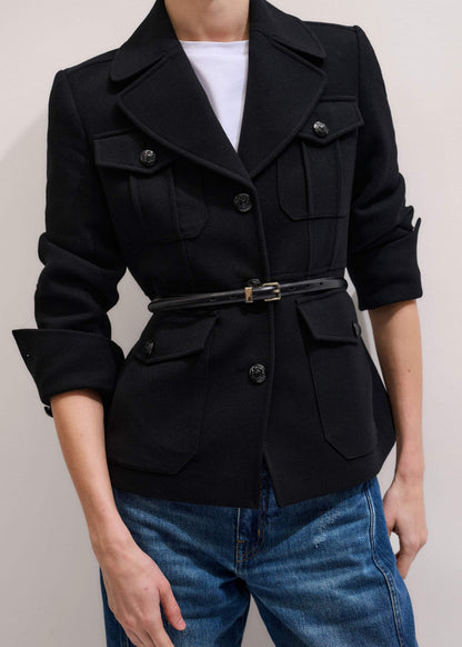 Black Longline Fitted Military Jacket | ME+EM