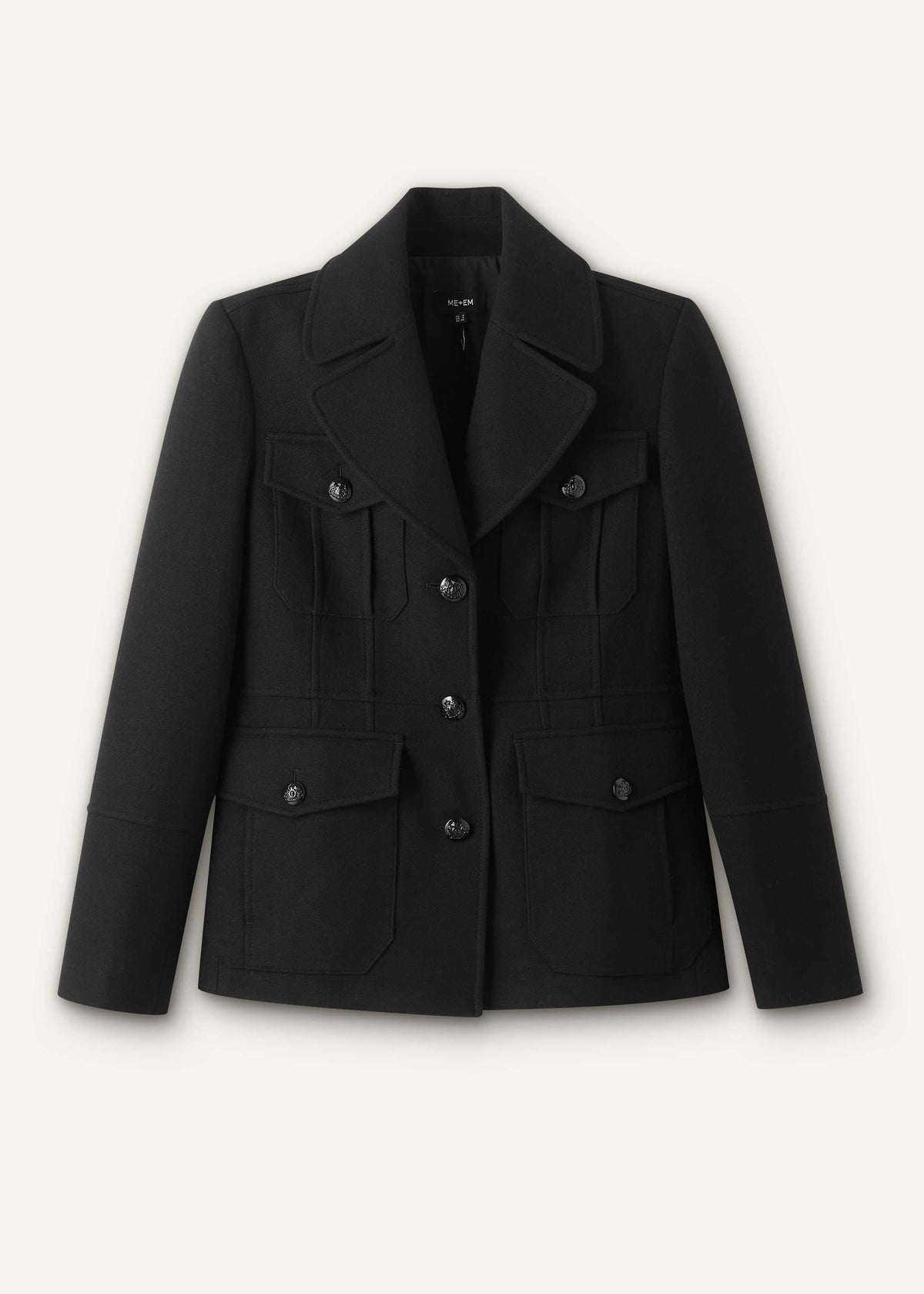 Black Longline Fitted Military Jacket | ME+EM