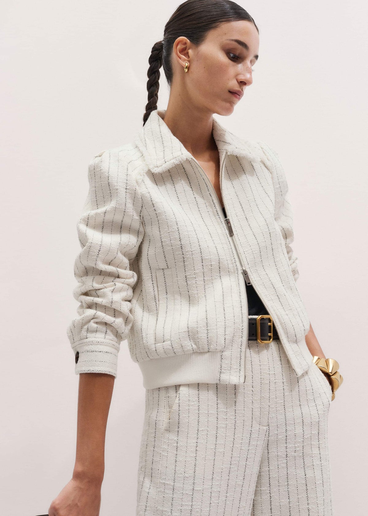 Ivory Stripe Bomber Jacket | ME+EM