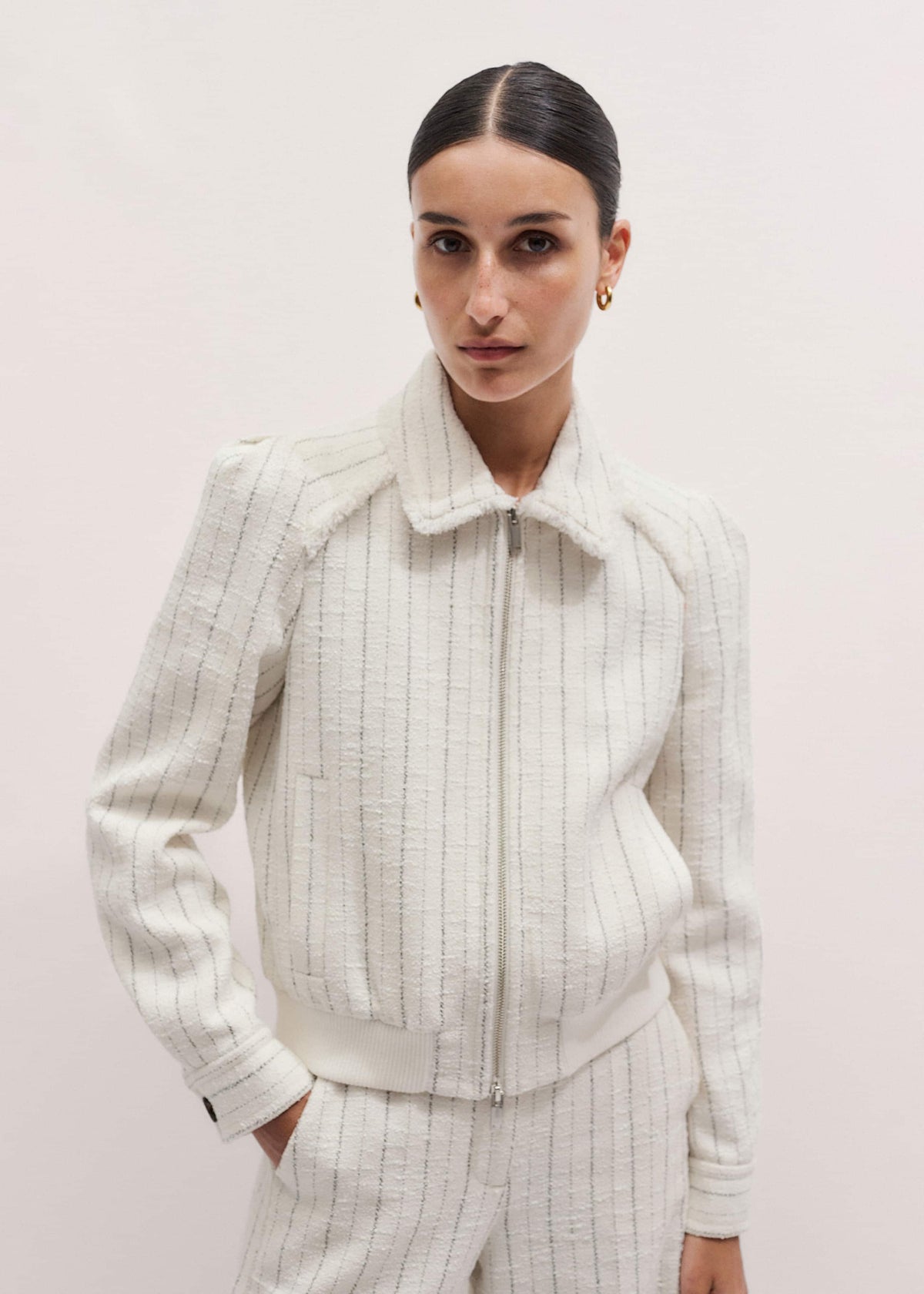 Ivory Stripe Bomber Jacket | ME+EM