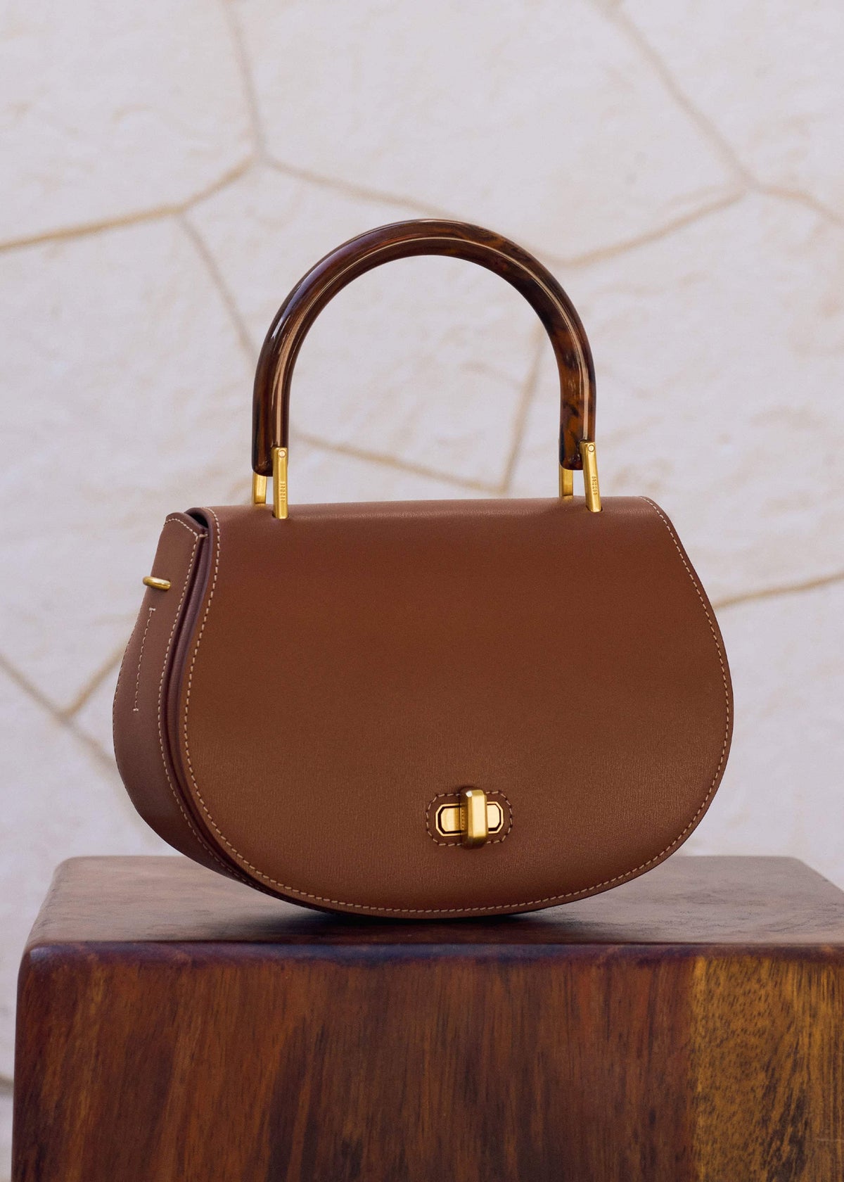 Dark Tan Resin Top Handle Structured Saddle Bag | ME+EM