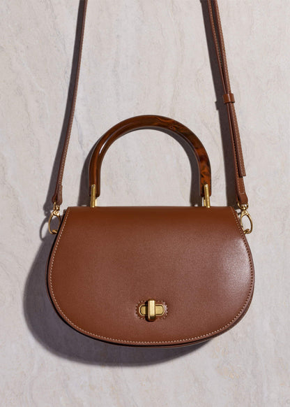Dark Tan Resin Top Handle Structured Saddle Bag | ME+EM