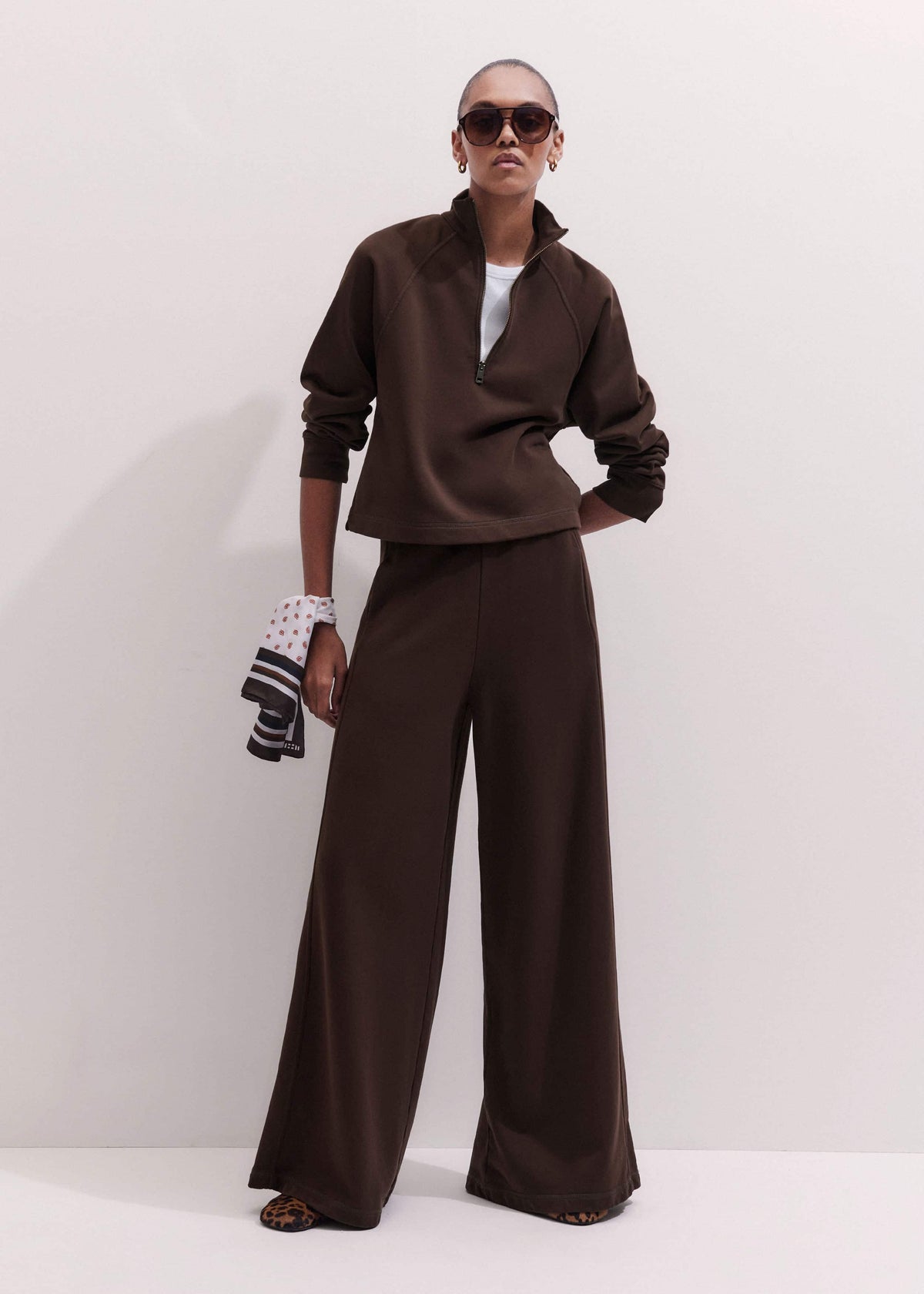 Brown High Zip Neck Crop Top + Wide-Leg Track Pant Co-ord | ME+EM