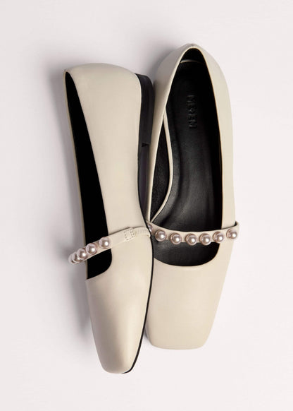 Off White Faux Pearl Square Toe Ballerina Flat | ME+EM