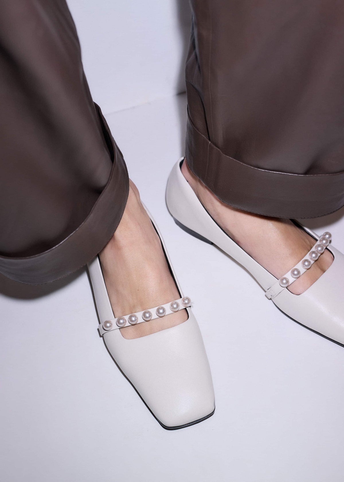 Off White Faux Pearl Square Toe Ballerina Flat | ME+EM