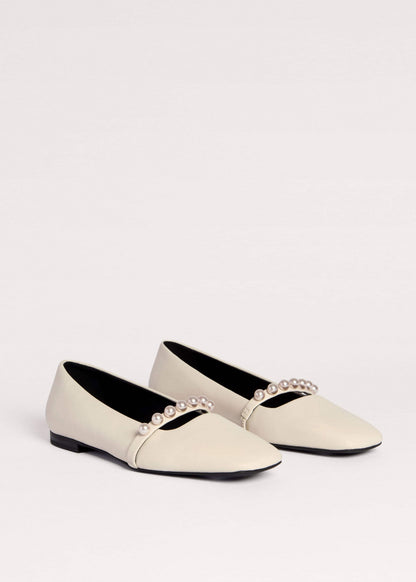 Off White Faux Pearl Square Toe Ballerina Flat | ME+EM