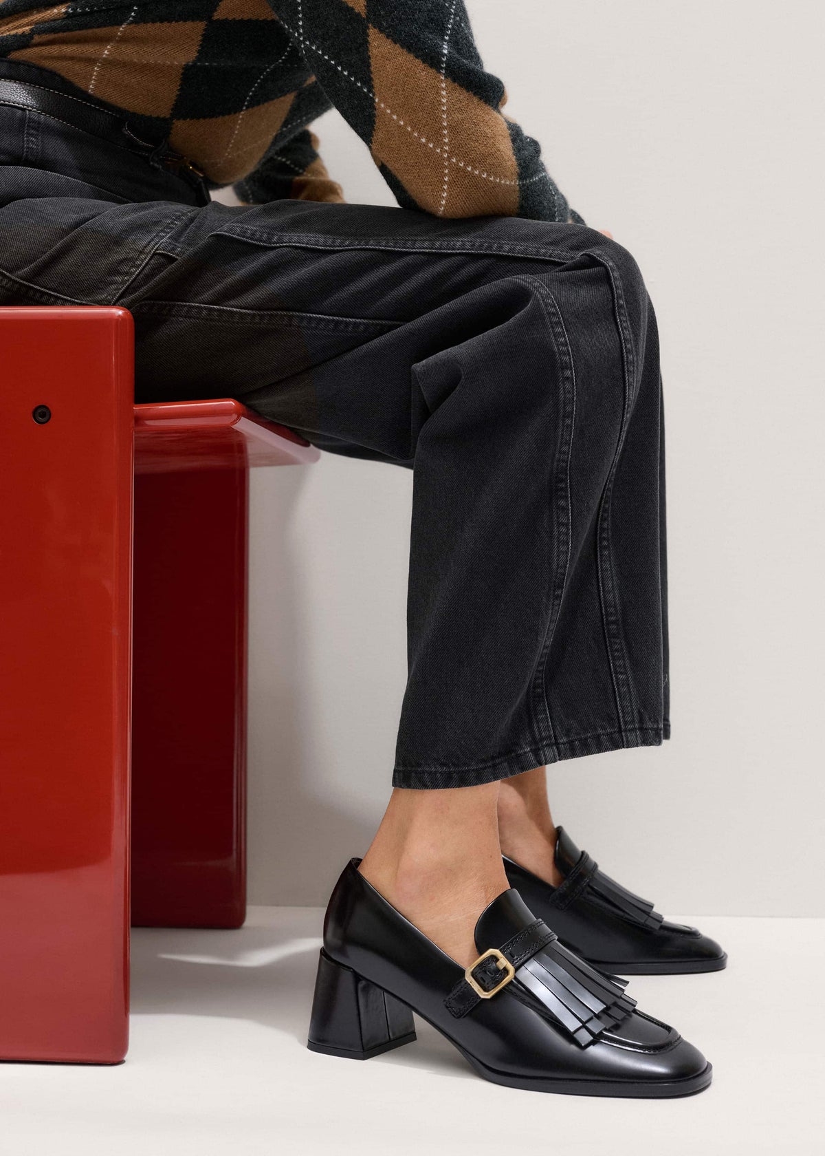 Black Fringe Block Heel Loafer | ME+EM