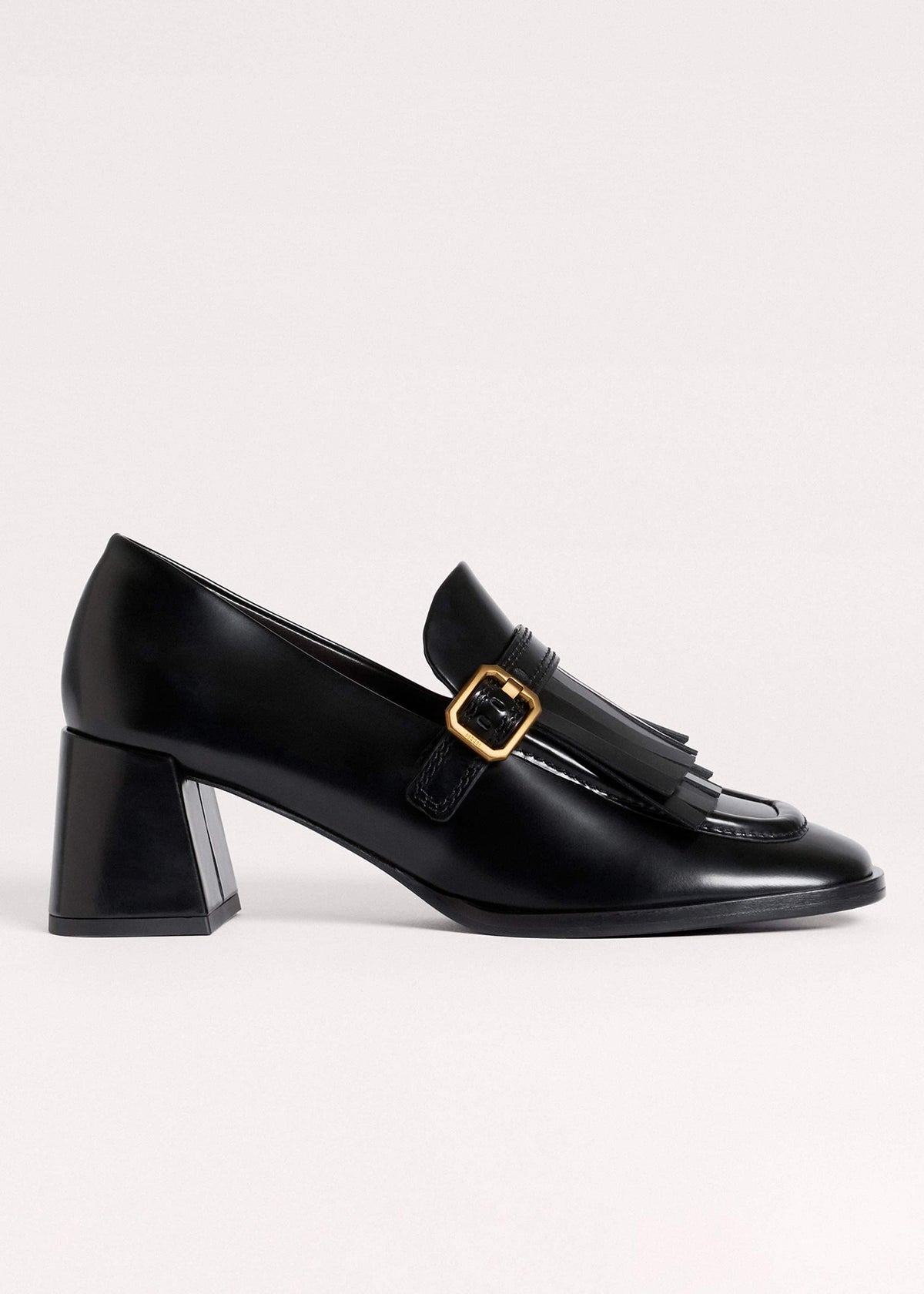 Black Fringe Block Heel Loafer | ME+EM